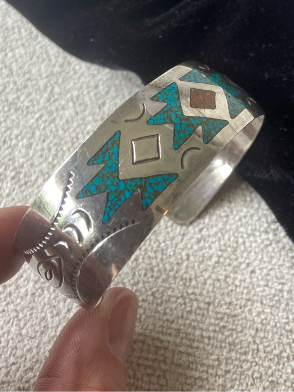 Turquoise and Corral Inlay Sterling Silver Cuff Bracelet, Native American - Picture 5 of 12